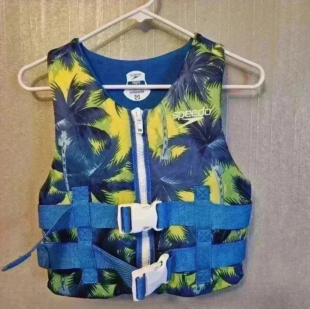 Speedo Kids Palm-Print Swim Vest in Blue and Yellow
